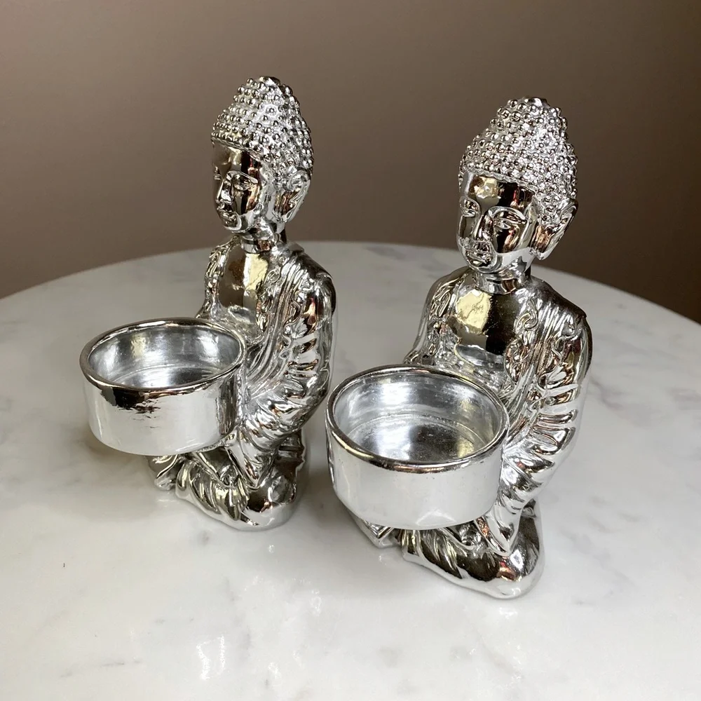 Set of (2) Z Gallerie Silver Buddha Tea Light Candle Holders